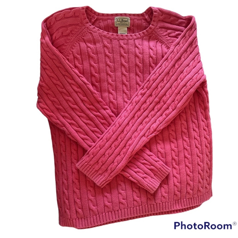 LL Bean L large pink fisherman’s cable knit pink sweater